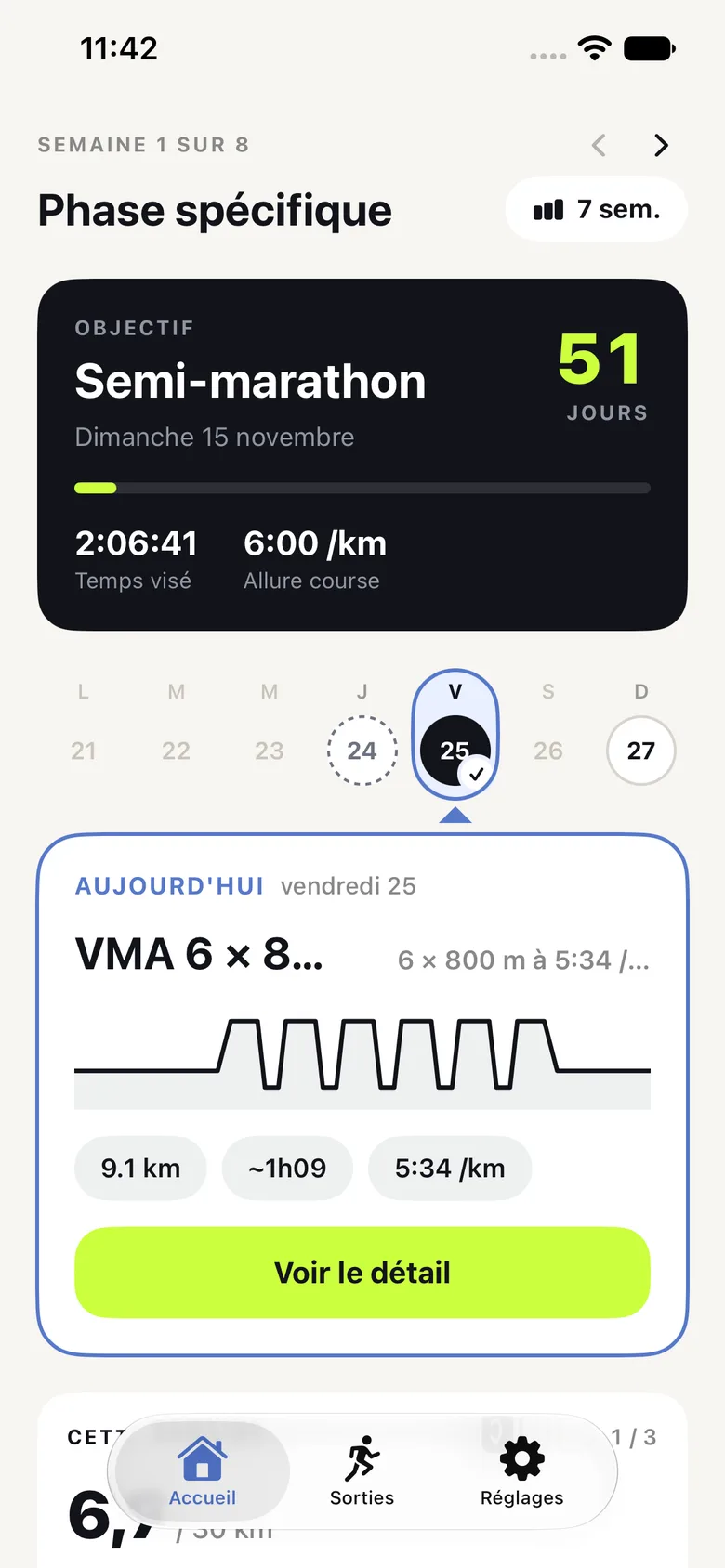 Écran d'accueil de l'app de running : objectif semi-marathon et séance du jour